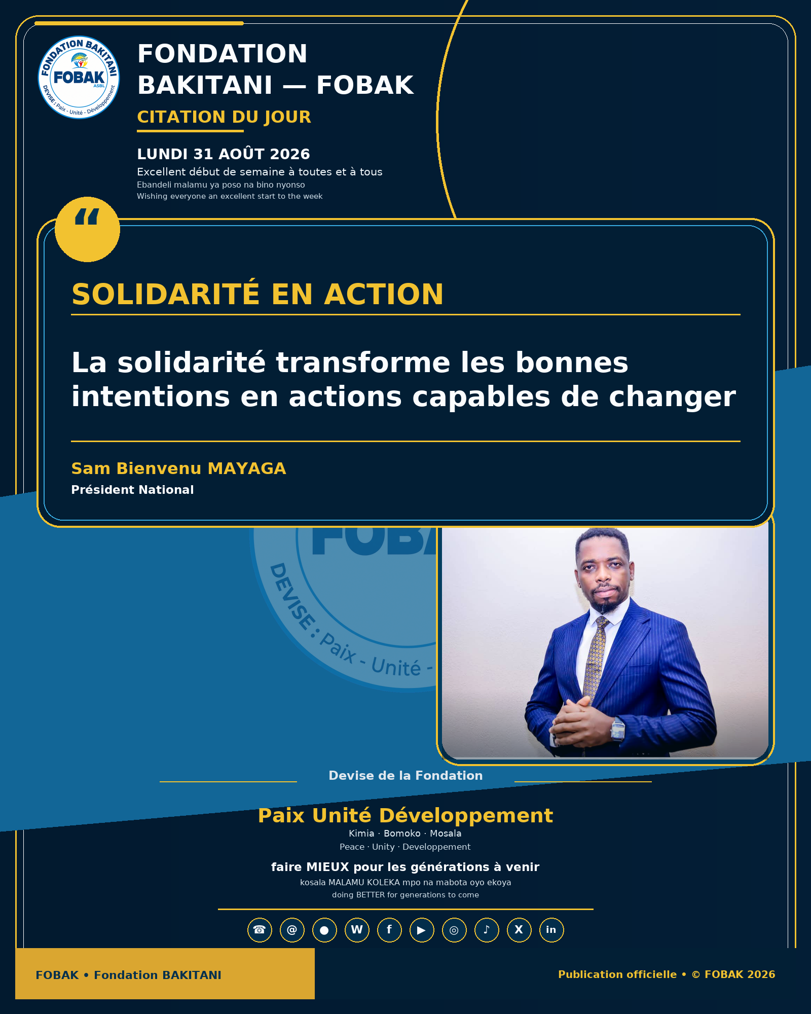 Citation premium du lundi 31 août 2026 de Fondation BAKITANI — FOBAK